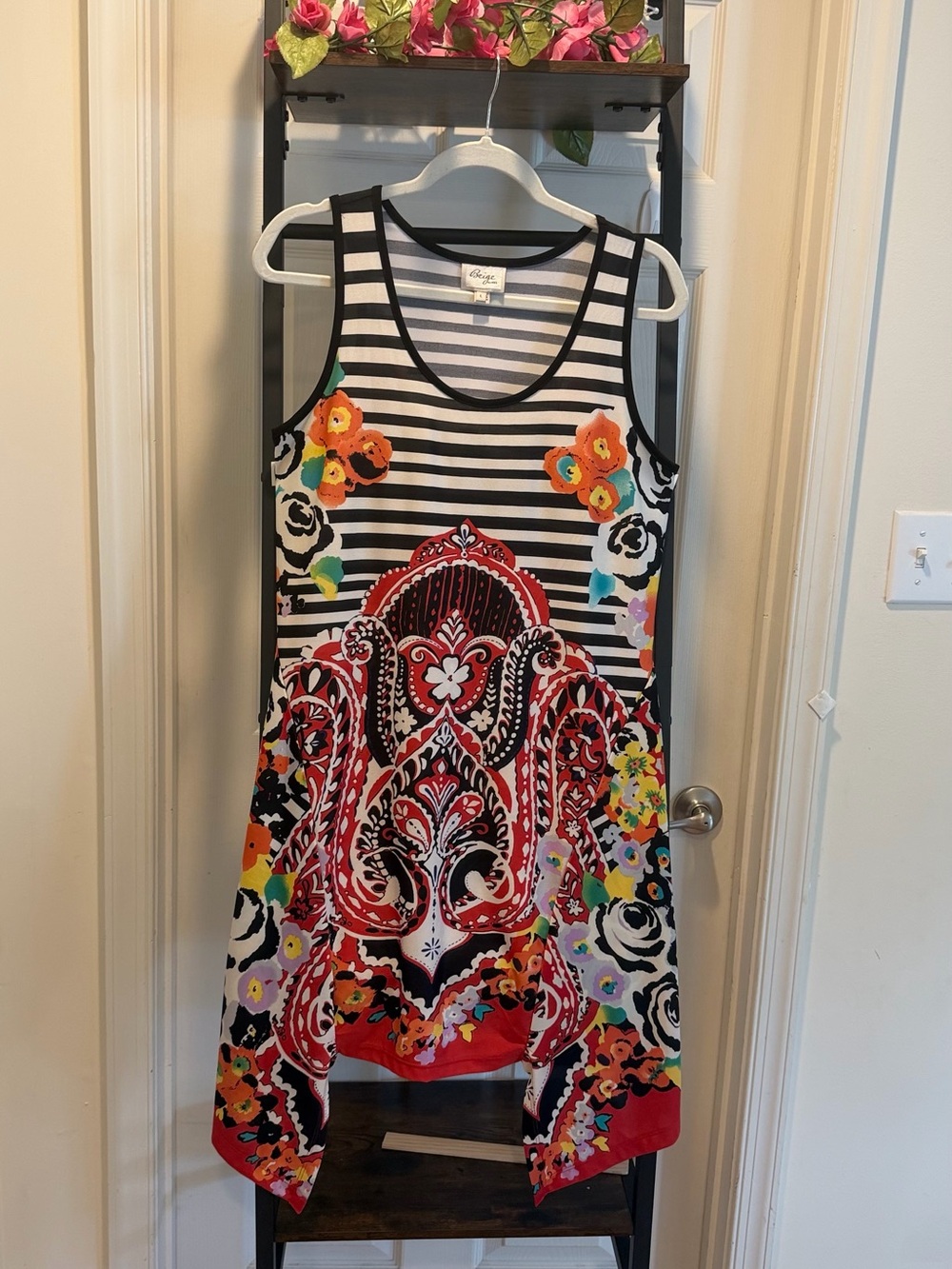 Beige by eci boho midi sun striped, floral, and paisley patterns Dress